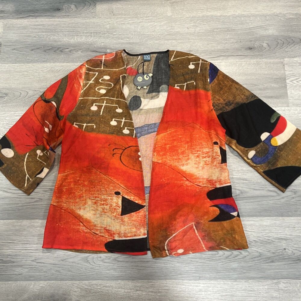 Tao House Cocoon House Abstract Art Print Wool Open Front Jacket Cardigan NWT M